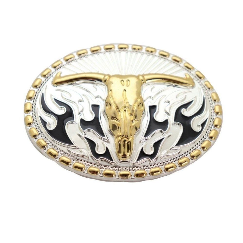 Men Belt Buckle Silver Metal Oval Western Fashion Gold Bull Skull Long Horn Fire